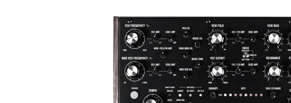 Close-up of analog synthesizer control panel showing knobs and buttons to buy synthesizers Toronto