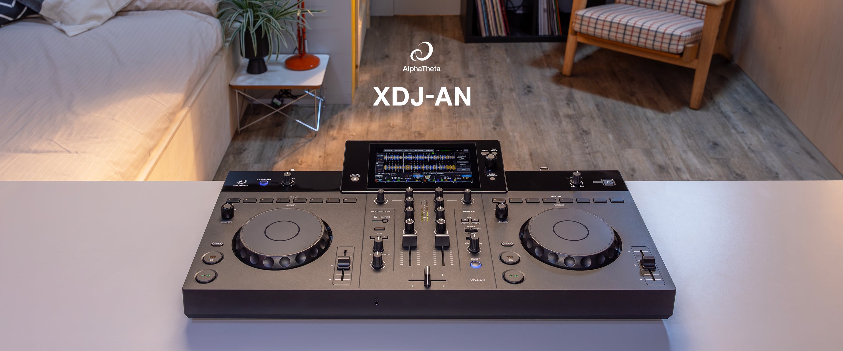 AlphaTheta XDJ-AN lifestyle hero — all-in-one DJ system in a home studio