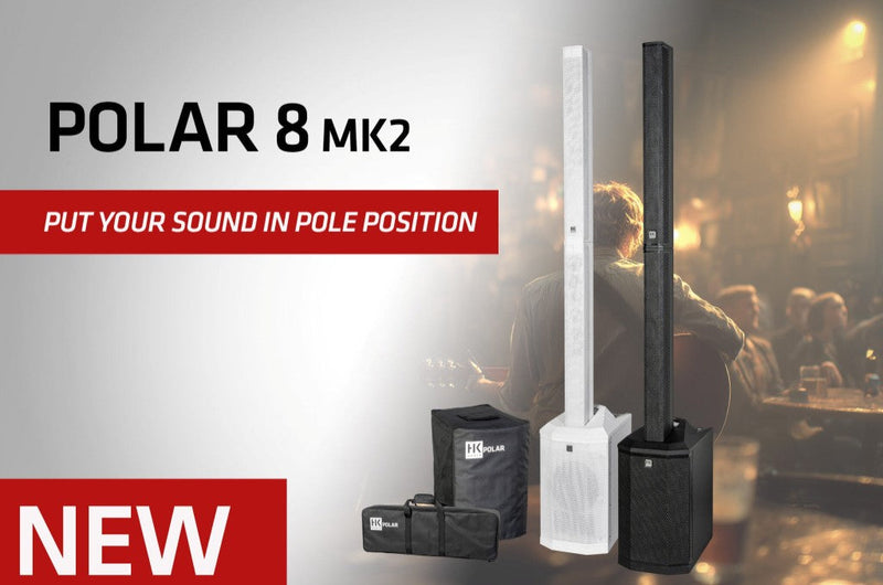 HK Audio POLAR 8 MK2 column PA systems in black and white with transport bags