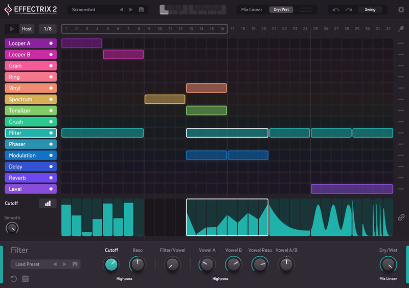 Sugar Bytes Effectrix 2 multi-effect sequencer interface with colorful step grid