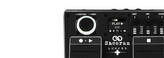 Audio signal processing equipment featuring a digital looper pedal with control knobs and display for precise audio shaping