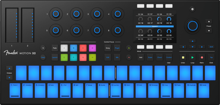Fender Motion 32 Chromatic Pad & Step Sequencer MIDI Controller - top-down view