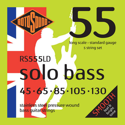 Rotosound Solo Bass 55 RS555LD Pressure Wound Finish 5-String Bass Strings (45-130) - Instrument Accessories