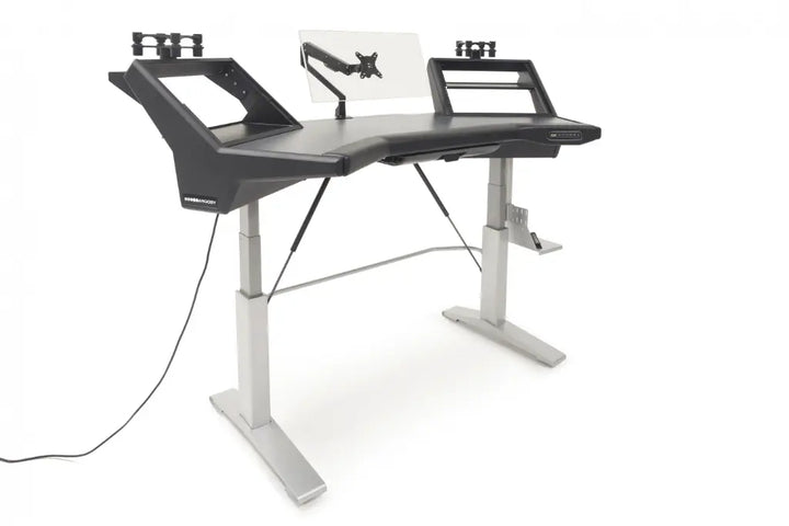 Argosy Halo Sit-Stand Ultimate-Halo with Mahogany Desk Surface,2 Rack Shelves,Pair 160 Speaker Platforms,Accessory Drawer,D8 MonitorArm, CPU Shelf