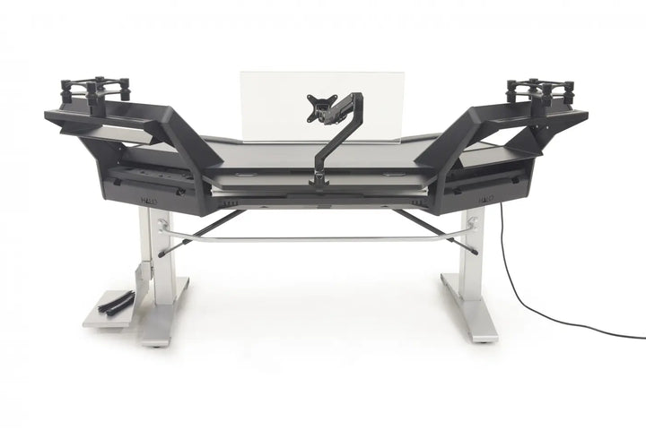 Argosy Halo Sit-Stand Ultimate-Halo with Mahogany Desk Surface,2 Rack Shelves,Pair 160 Speaker Platforms,Accessory Drawer,D8 MonitorArm, CPU Shelf