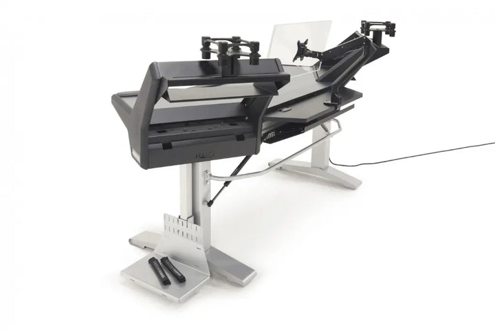 Argosy Halo Sit-Stand Ultimate-Halo with Mahogany Desk Surface,2 Rack Shelves,Pair 160 Speaker Platforms,Accessory Drawer,D8 MonitorArm, CPU Shelf