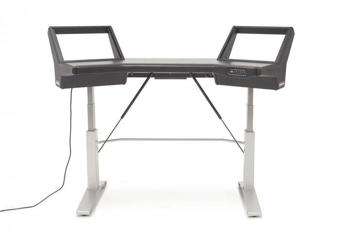 Argosy Halo Sit-Stand Desk, w/Mahogany Desk, Black End Panels, Silver Legs