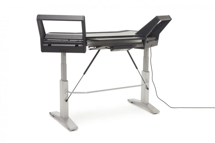 Argosy Halo Sit-Stand Desk, w/Mahogany Desk, Black End Panels, Silver Legs