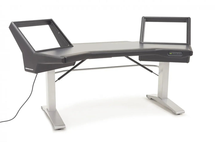 Argosy Halo Sit-Stand Desk, w/Mahogany Desk, Black End Panels, Silver Legs