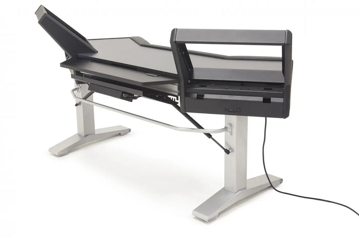 Argosy Halo Sit-Stand Desk, w/Mahogany Desk, Black End Panels, Silver Legs