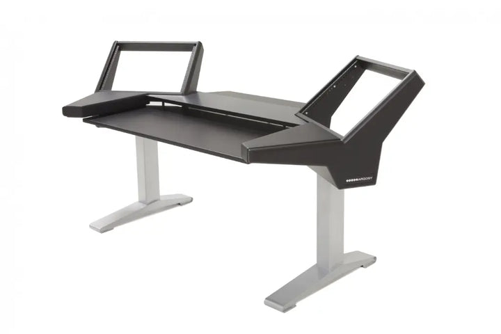 Argosy Halo Keyboard Desk w/Black End Panels,Mahogany Top,Silver Legs