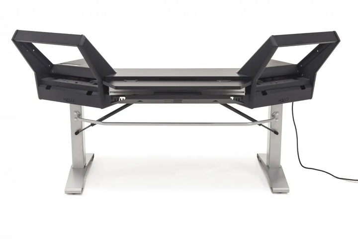 Argosy Halo Keyboard Sit-Stand Desk w/Mah Desk Top, Black EPs, Silver Legs
