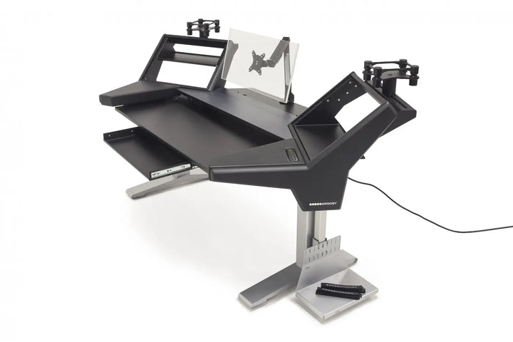 Argosy Halo KE Ultimate,2Shelves,160 Spkr Platforms,KybdTray,D8 Mon. Arm,CPU Shelf,w/Black Top&Silver Legs