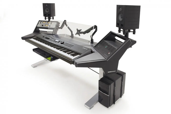 Argosy Halo K88 Ultimate w/2)Shelves,Pr160SpkrPltfms,kybrdTry,2)D8MonitorArms, CPUShelf, Black Top