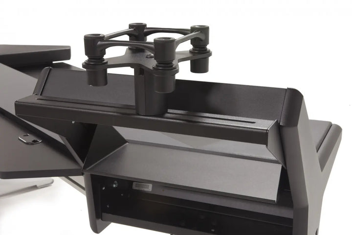 Argosy Halo K88 Ultimate w/2)Shelves,Pr160SpkrPltfms,kybrdTry,2)D8MonitorArms, CPUShelf, Black Top