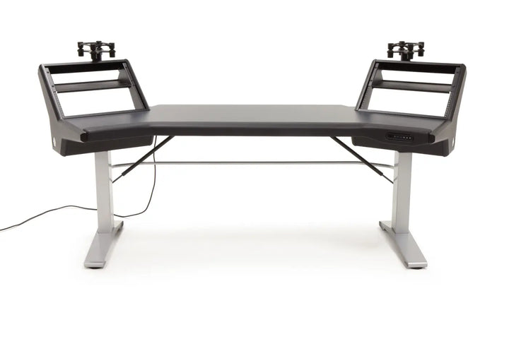 Argosy Halo 96.7" Wide Sit-Stand Plus, w/ Traceless Desktop (Fingerprint Resistant Black) 2 rack shelves, & Pair 160 Speaker Platforms
