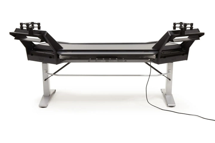 Argosy Halo 96.7" Wide Sit-Stand Plus, w/ Traceless Desktop (Fingerprint Resistant Black) 2 rack shelves, & Pair 160 Speaker Platforms