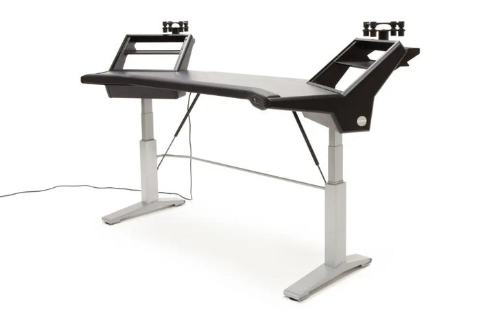 Argosy Halo 96.7" Wide Sit-Stand Plus, w/ Traceless Desktop (Fingerprint Resistant Black) 2 rack shelves, & Pair 160 Speaker Platforms