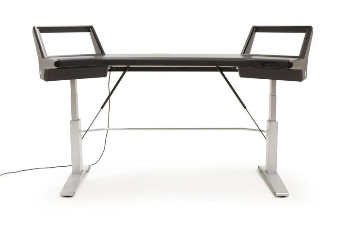 Argosy Halo 96.7" Wide Sit-Stand, w/Mahogany Desk, Black End Panels, Silver Legs