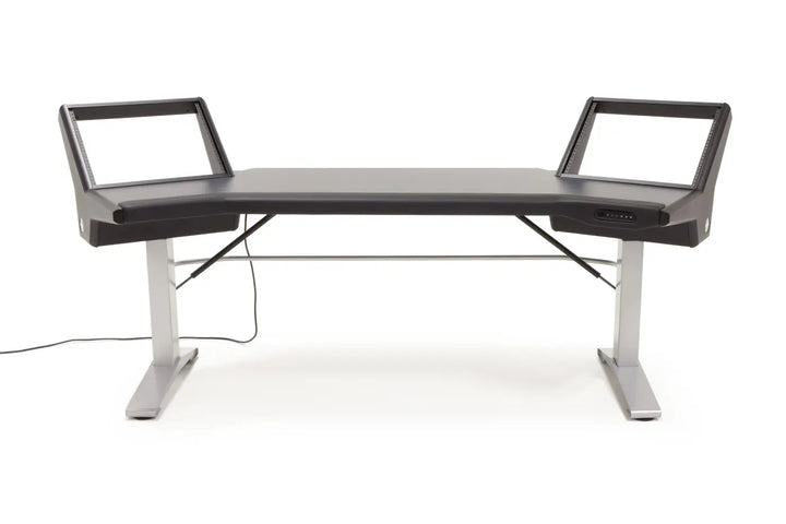 Argosy Halo 96.7" Wide Sit-Stand, w/Mahogany Desk, Black End Panels, Silver Legs