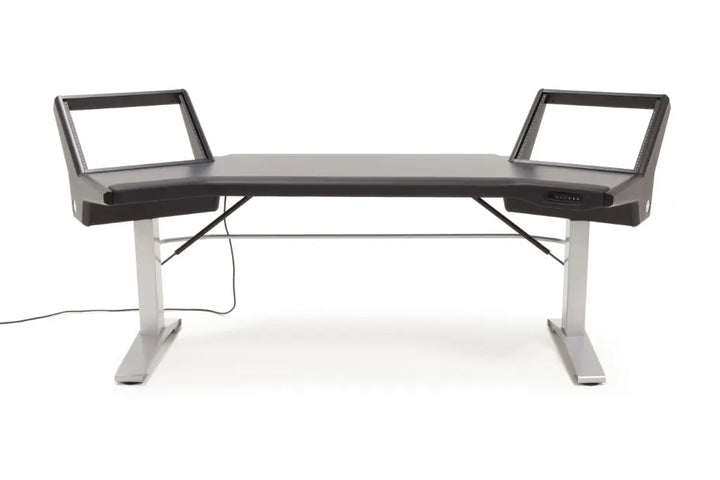 Argosy Halo 96.7" Wide Sit-Stand, w/Mahogany Desk, Black End Panels, Silver Legs