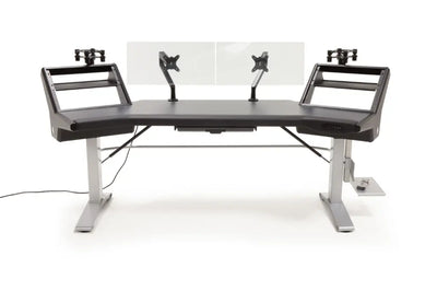 Argosy Halo 96.7" Wide Sit-Stand Ultimate-w/Hautelink Desktop, 2 Shelves,Pair 160 Speaker Platforms, Accessory Drawer,2) D8 Monitor Arms & CPU Shelf