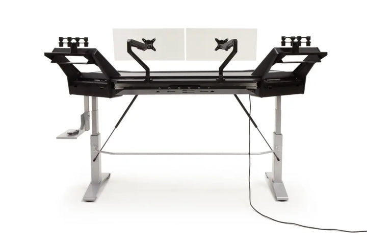 Argosy Halo 96.7" Wide Sit-Stand Ultimate-w/Hautelink Desktop, 2 Shelves,Pair 160 Speaker Platforms, Accessory Drawer,2) D8 Monitor Arms & CPU Shelf