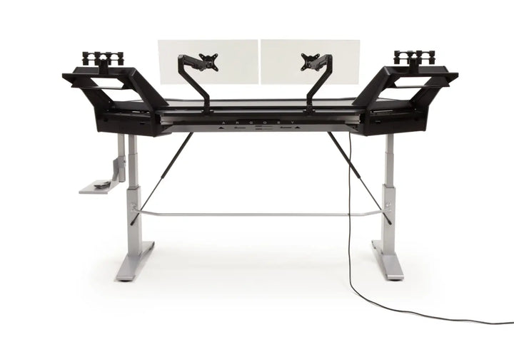 Argosy Halo 96.7" Wide Sit-Stand Ultimate-w/Hautelink Desktop, 2 Shelves,Pair 160 Speaker Platforms, Accessory Drawer,2) D8 Monitor Arms & CPU Shelf