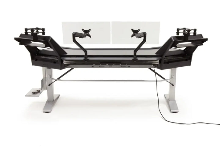 Argosy Halo 96.7" Wide Sit-Stand Ultimate, w/ Traceless Desktop (Fingerprint Resistant Black),2 Rack Shelves, Pair 160 Speaker Platforms, Accessory Drawer, 2) D8 Monitor Arms & CPU Shelf