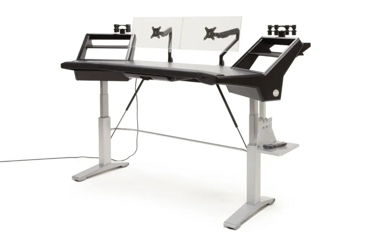 Argosy Halo 96.7" Wide Sit-Stand Ultimate-w/Hautelink Desktop, 2 Shelves,Pair 160 Speaker Platforms, Accessory Drawer,2) D8 Monitor Arms & CPU Shelf