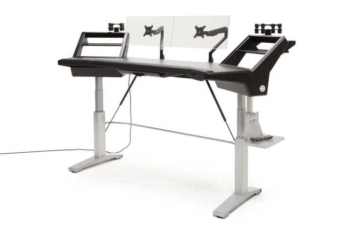 Argosy Halo 96.7" Wide Sit-Stand Ultimate-w/Hautelink Desktop, 2 Shelves,Pair 160 Speaker Platforms, Accessory Drawer,2) D8 Monitor Arms & CPU Shelf