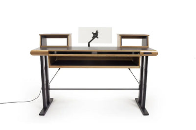 Argosy Radius Composer with Dual Pull-Out Keyboard Tray for 61 Keys, Splayed Top, Height Adjustable Steel Legs, Bullnose Edge - Walnut Trim Upgrade