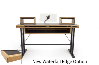 Argosy Radius Composer with Dual Pull-Out Keyboard Tray for 61 Keys, Splayed Top, Height Adjustable Steel Legs, Waterfall Edge - Standard Trim