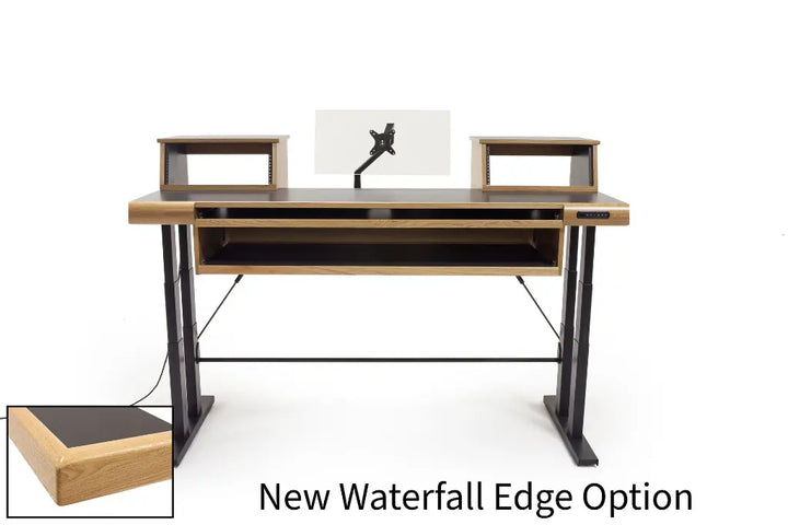 Argosy Radius Composer with Dual Pull-Out Keyboard Tray for 61 Keys, Splayed Top, Height Adjustable Steel Legs, Waterfall Edge - Standard Trim