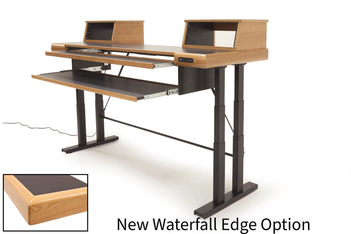 Argosy Radius Composer with Dual Pull-Out Keyboard Tray for 61 Keys, Straight Top, Height Adjustable Steel Legs, Waterfall Edge - Standard Trim