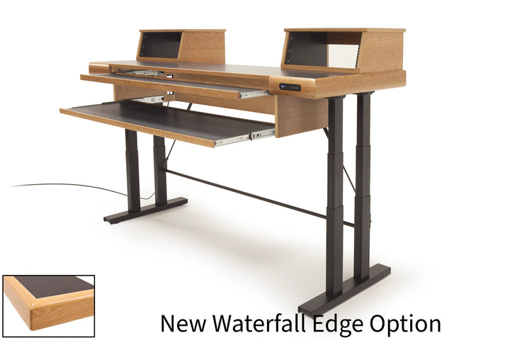 Argosy Radius Composer with Dual Pull-Out Keyboard Tray for 61 Keys, Splayed Top, Height Adjustable Steel Legs, Waterfall Edge - Standard Trim