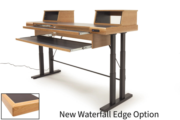 Argosy Radius Composer with Dual Pull-Out Keyboard Tray for 88 Keys, Straight Top, Height Adjustable Steel Legs, Waterfall Edge - Standard Trim