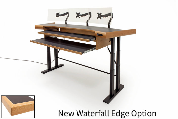 Argosy Radius Composer with Dual Pull-Out Keyboard Tray for 88 Keys, Splayed Top, Height Adjustable Steel Legs, Waterfall Edge - Standard Trim