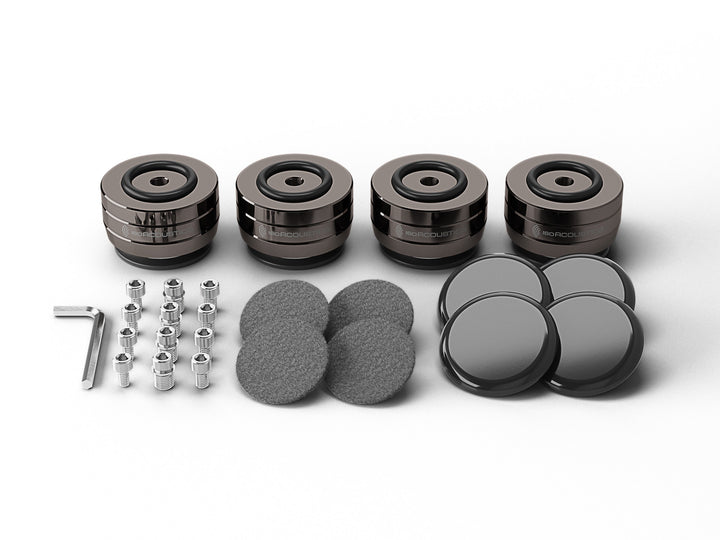 IsoAcoustics GAIA I Neo Speaker Isolation Feet (4-Pack, Dark Chrome) – set contents