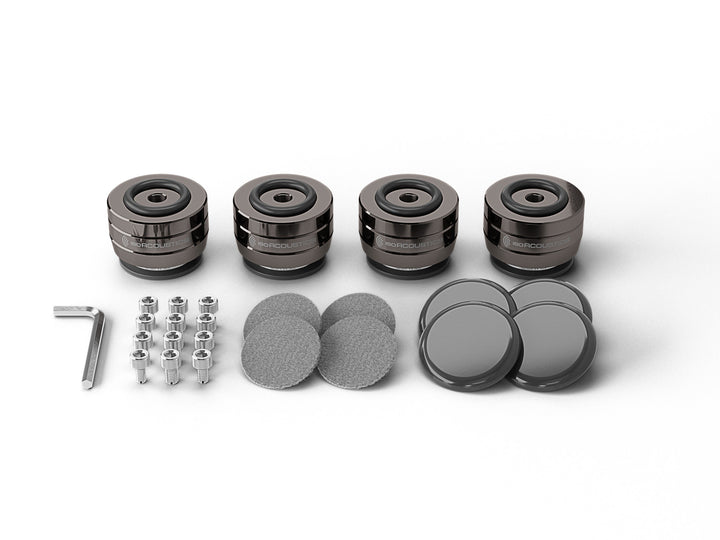 IsoAcoustics GAIA II Neo Speaker Isolation Feet (4-Pack, Dark Chrome) – set contents