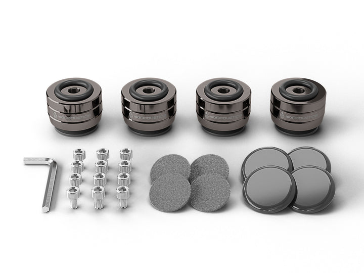 IsoAcoustics GAIA III Neo Speaker Isolation Feet (4-Pack, Dark Chrome) – set contents