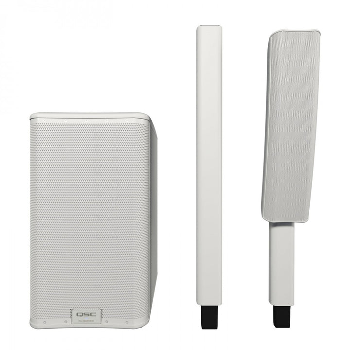 QSC KC12T Dual 4" Column Loudspeaker with Pole (White) – KC12 system components: subwoofer, pole and column top